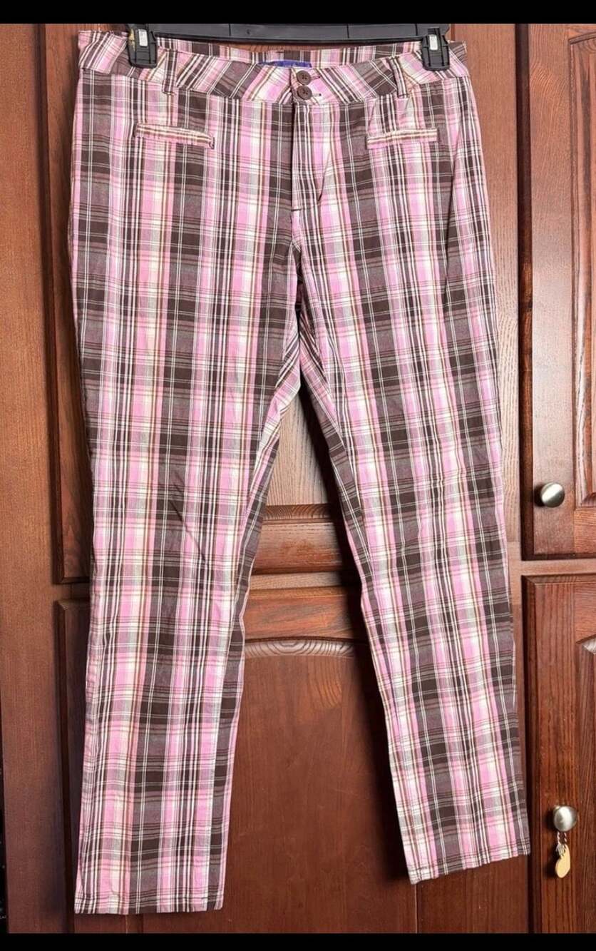 Drama Gold Pants Size 9/10 Pink Brown Plaid Y2K Cotton Blend